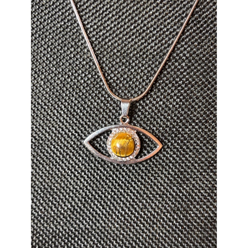 Stainless Steel Tiger Eye Evil Eye Pendant Necklace Silver Tone Crystal Halo